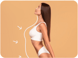 A woman in white underwear is standing with her arms behind her back.