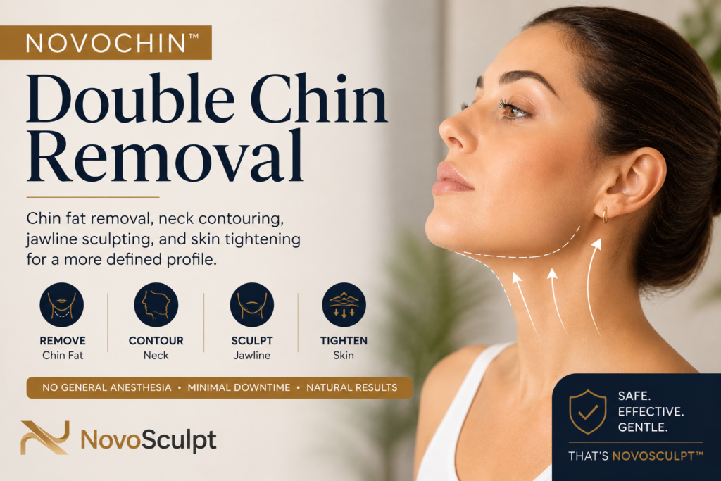 NovoChin™ double chin removal and jawline contouring treatment showing neck sculpting, chin fat removal, and skin tightening in Greenwich, Connecticut.