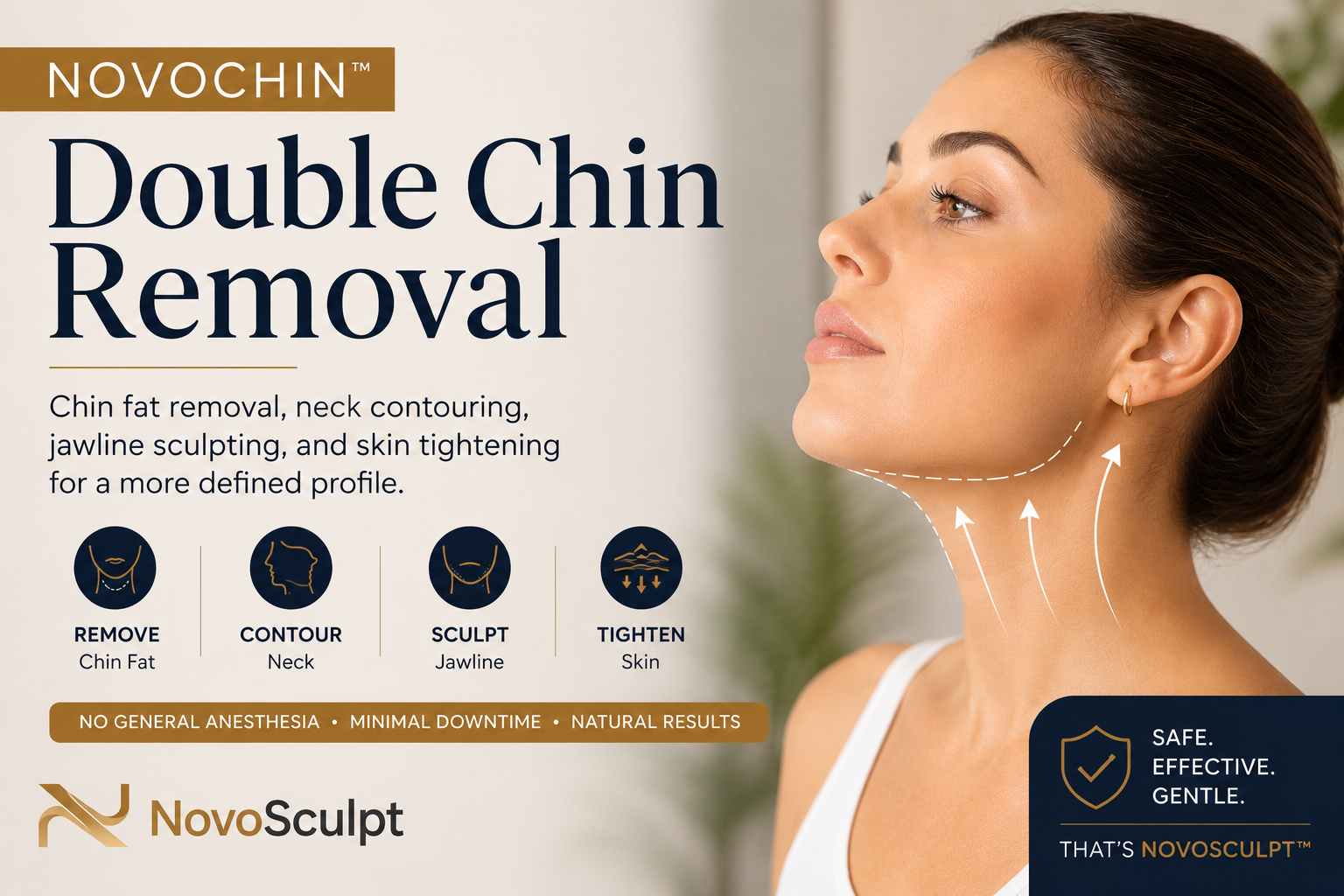 NovoChin™ double chin removal and jawline contouring treatment showing neck sculpting, chin fat removal, and skin tightening in Greenwich, Connecticut.