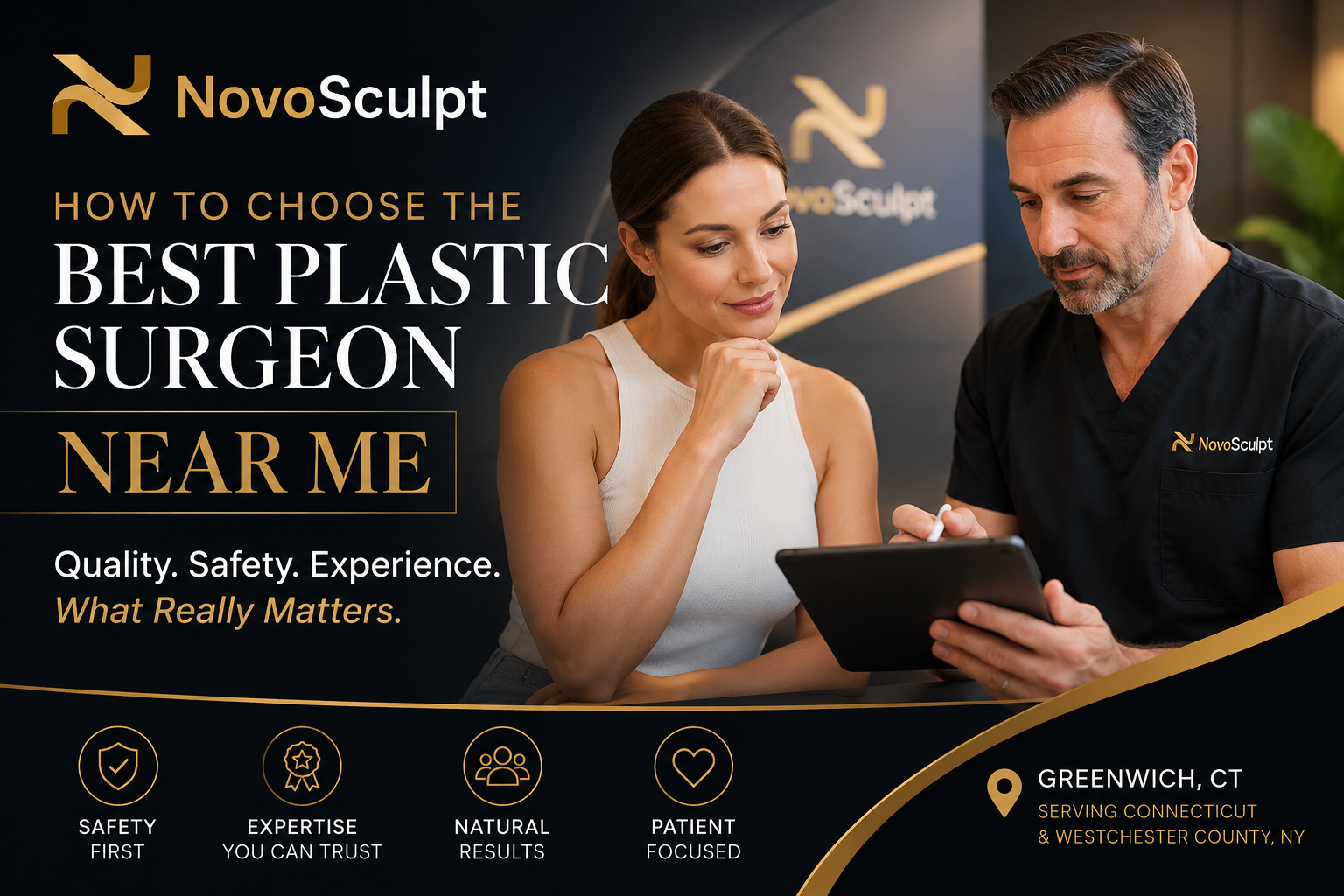 Best Plastic Surgeon Near Me consultation at NovoSculpt in Greenwich CT focusing on safety, experience, quality, and personalized treatment planning.