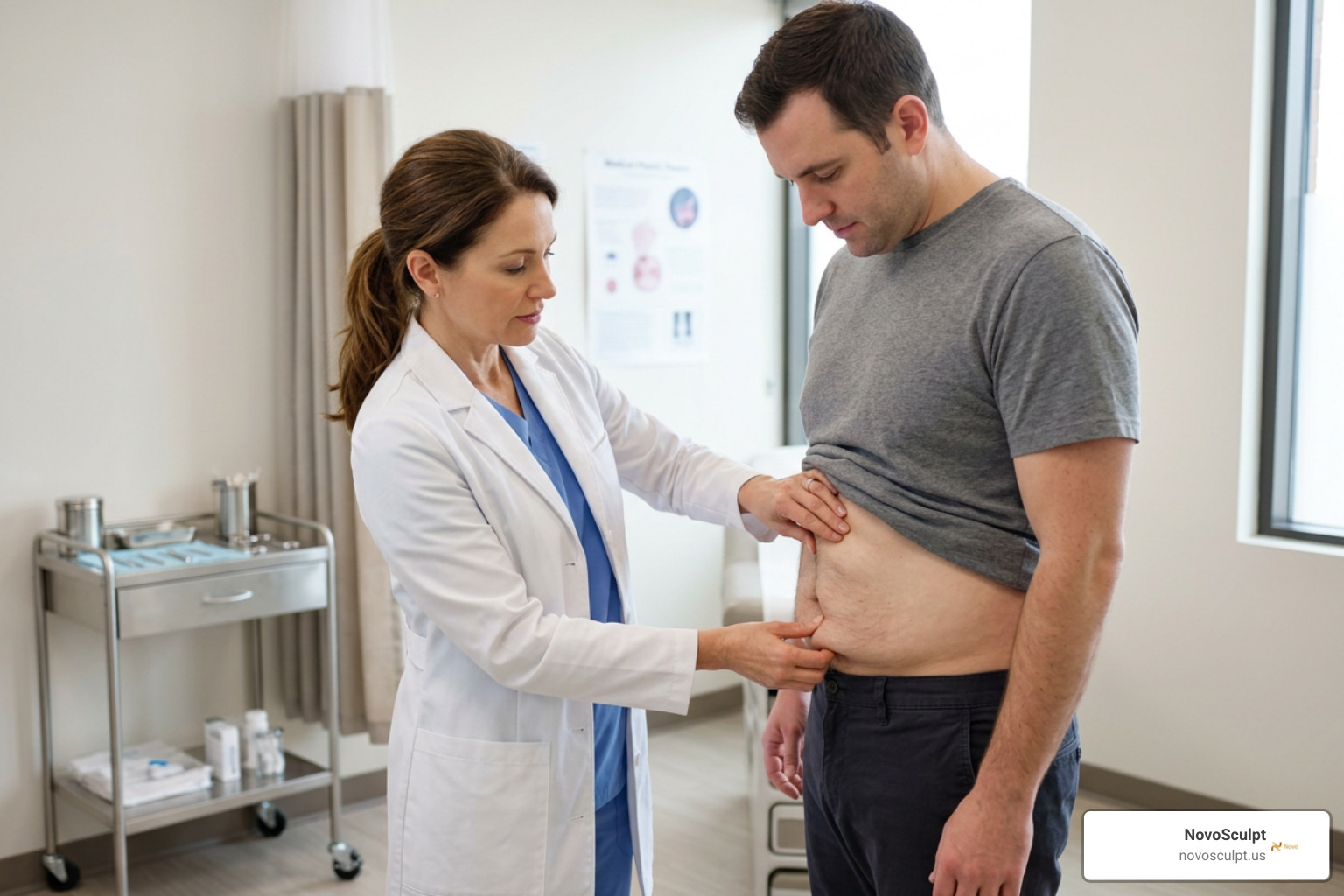 Person discussing skin laxity and body-contouring concerns during a consultation